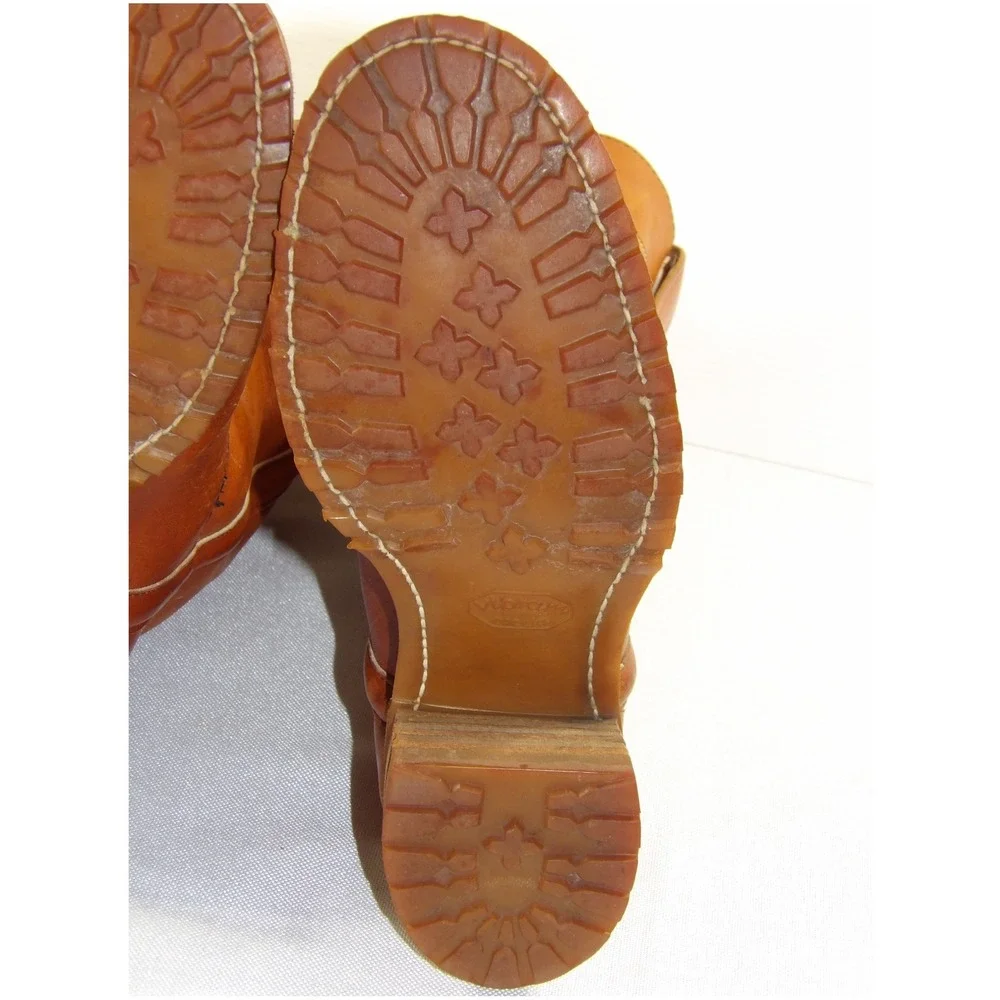 Vintage Tall Leather Pull On Boots Mens 8.5 Tan Good Vibram Lug Sole Work Moto